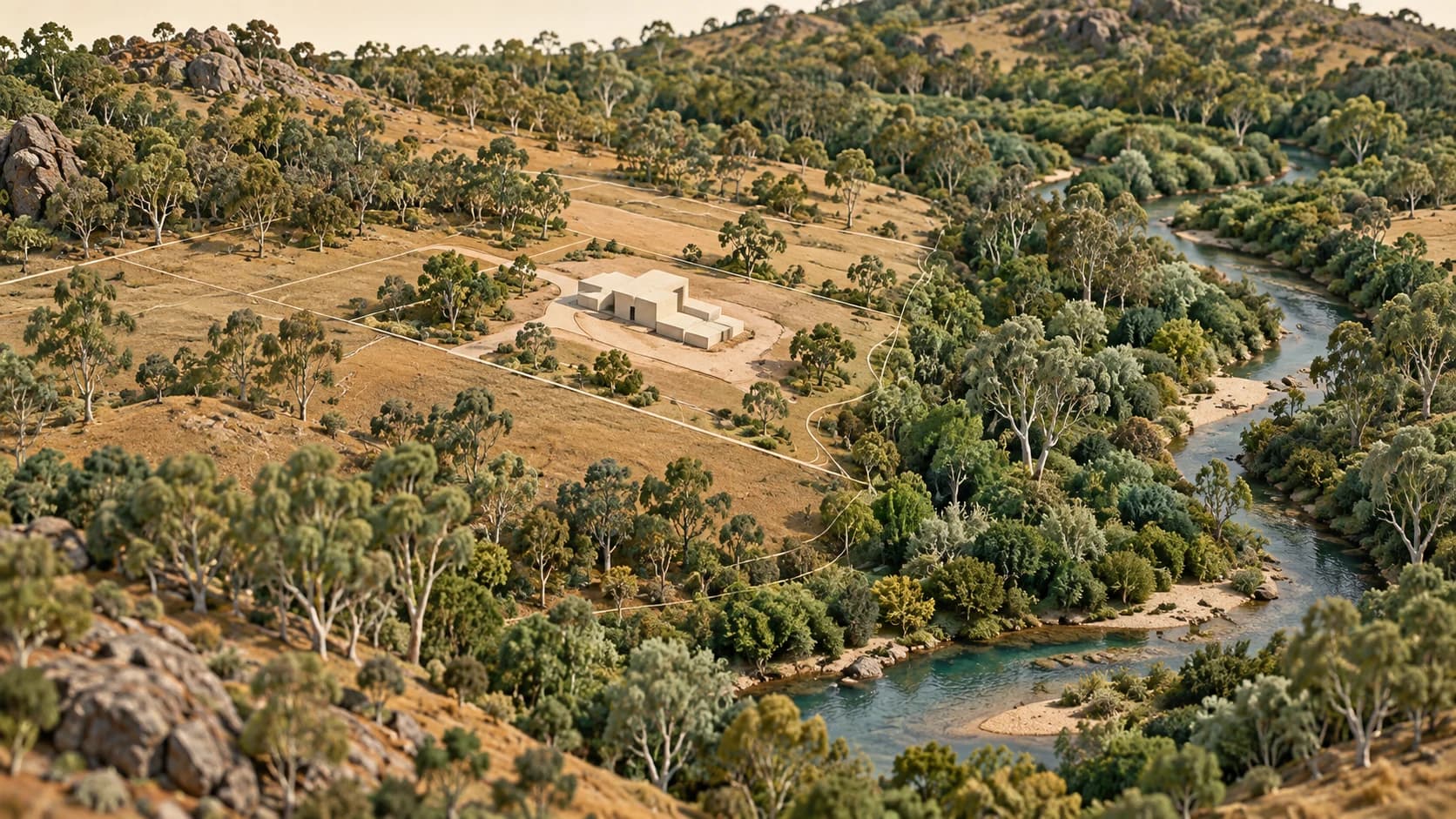 Conceptual landscape model showing a proposed building footprint beside native woodland and a creek corridor.