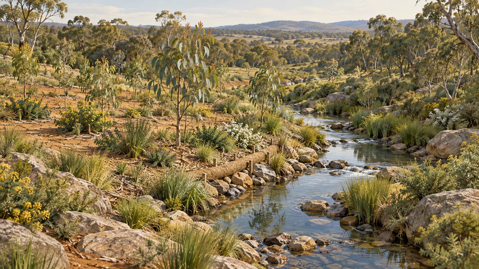 Conceptual creek restoration scene with young native trees, diverse groundcover and natural bank stabilisation.