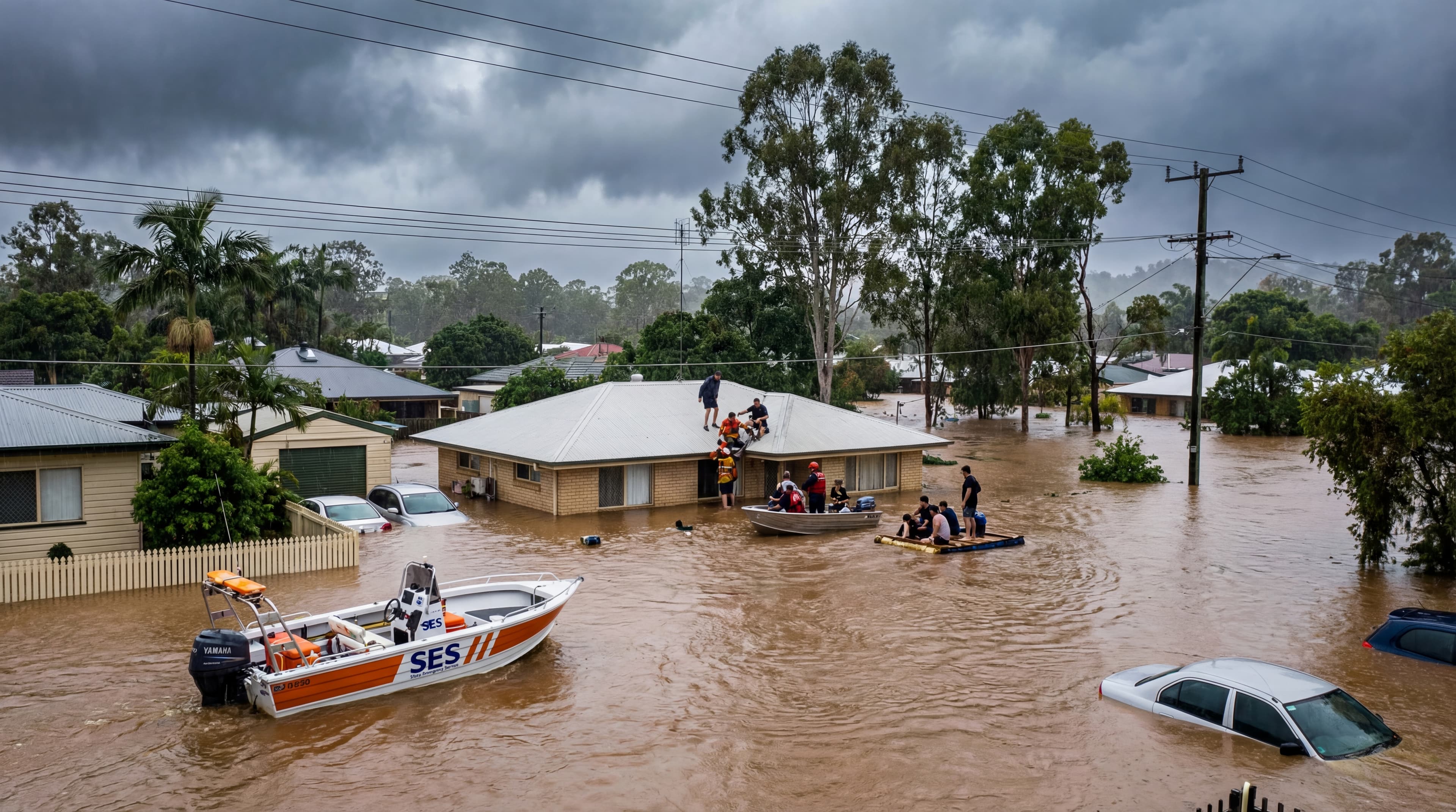 Australian flood with SES rescue boats evacuating residents from flooded neighborhood