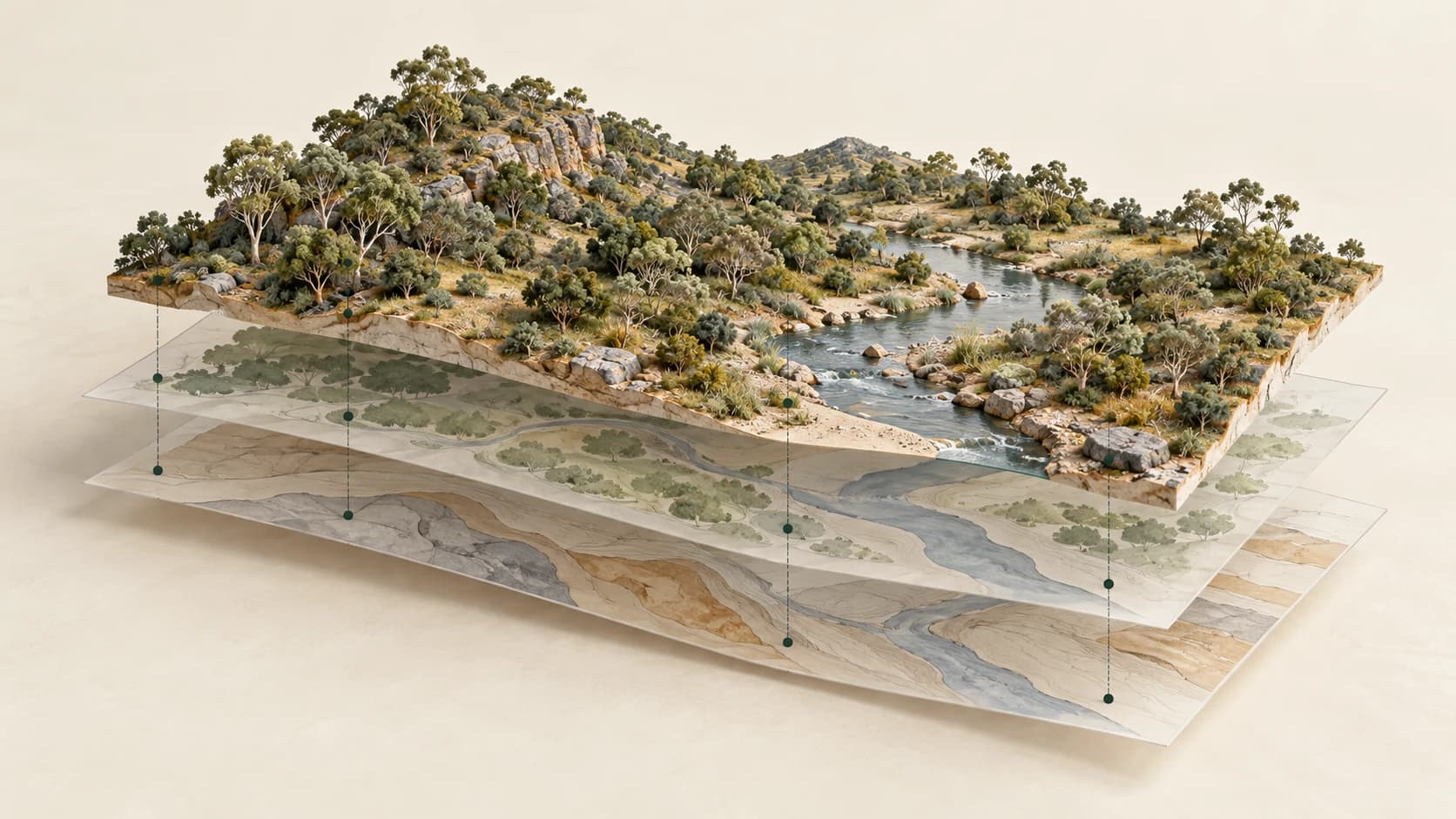 Conceptual Australian landscape model with aligned information layers illustrating structured, traceable environmental data.